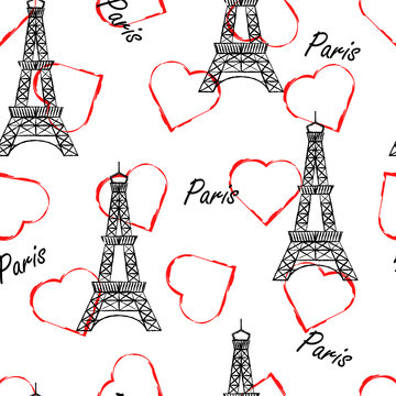 Seamless pattern with heart shape, eiffel tower and paris text on white backdrop.