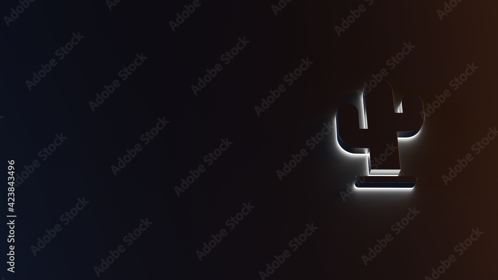 Poster 3d rendering of white light stripe symbol of cactus on dark background