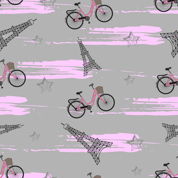 Paris bicycle and Eiffel Tower seamless pattern in organic textures style for textile and travel print