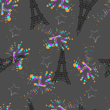 Abstract seamless pattern with eiffel tower and multicolored spray on gray background