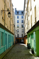 Fototapeta na wymiar A colored street in the 12th Borough of Paris. The cour d'Alsace Lorraine, the 29th march 2021, Paris France. 