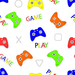Children's seamless pattern with multicolored gaming joysticks, text and icons on white background.