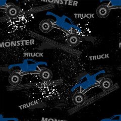 Monster track seamless pattern. Blue car and spray effect on black background.