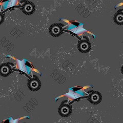 seamless pattern with colored monster trucks on gray background © Vitalii_ART