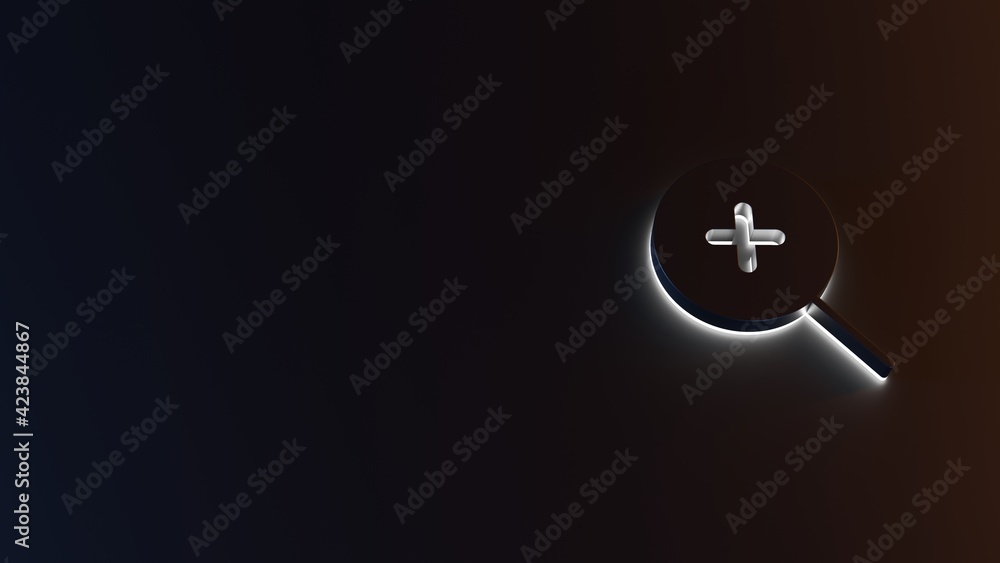 Poster 3d rendering of white light stripe symbol of magnifier zoom in on dark background