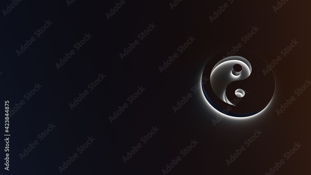 Poster 3d rendering of white light stripe symbol of yin yang on dark background