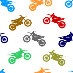 Seamless pattern with multicolored motorcycle on white background.