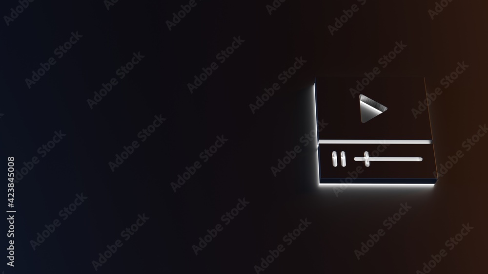 Poster 3d rendering of white light stripe symbol of video player on dark background