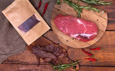 Jerky meat, raw beef and craft paper package on wooden boards on brown background. Ingredients for cooking meat snacks. Rosemary, red pepper and peppercorns. Mockup. Top view