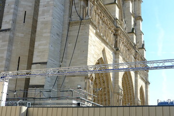 A close-up on Notre Dame during its reconstruction after the fire destruction of April 20219. A sunny day the 26th march 2021. Paris, France