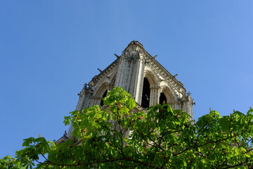 Obraz premium A close-up on Notre Dame during its reconstruction after the fire destruction of April 20219. A sunny day the 26th march 2021. Paris, France