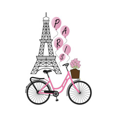 Obraz na płótnie Canvas Vector illustration Paris. Eiffel tower, bike with bouquet of flowers and balloons with text.