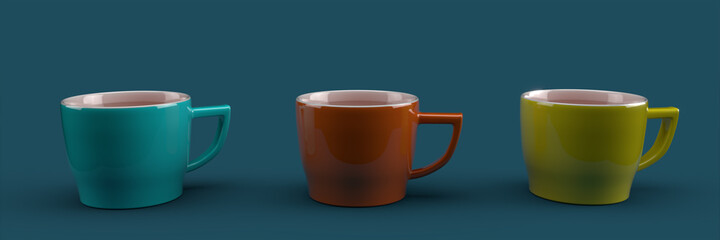 Three colored coffee cups on a dark background. Minimalistic concept. 3d rendering