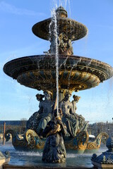 The fountain of the square "Place de la Concorde". Paris march 2021.
