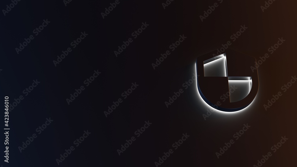 Poster 3d rendering of white light stripe symbol of shield on dark background