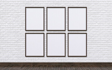 Mock up six empty photo frames with white brick wall and wooden floor 3D