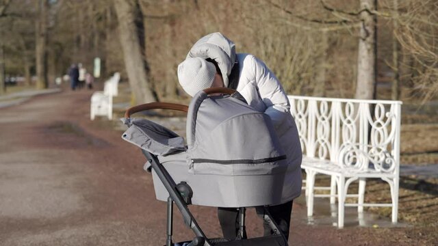 Mother with baby carriage walking along footpath in the park in early spring woman pushing baby pram on path in Catherine Park in the town of Tsarskoye Selo Pushkin. High quality 4k footage