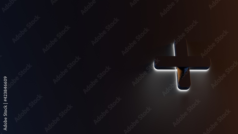 Poster 3d rendering of white light stripe symbol of plus on dark background