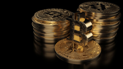 Bitcoin Coin Symbol Golden Isolated On The Black Background - 3D Illustration