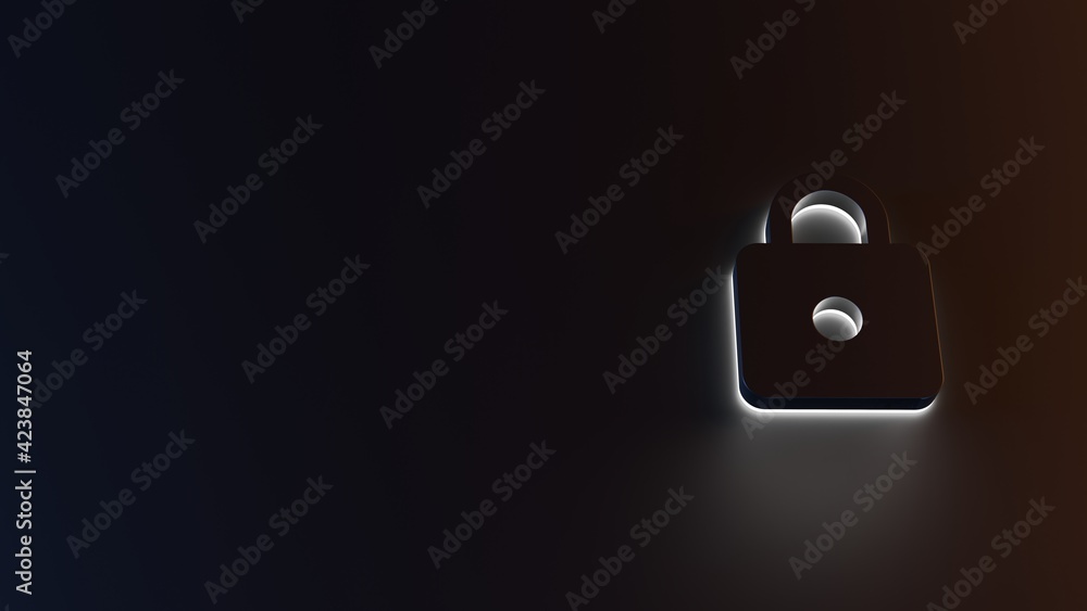 Poster 3d rendering of white light stripe symbol of locked padlock on dark background