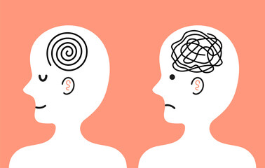 Cute human character with tangle of messy thoughts and clear mind in head. Vector cartoon kawaii character illustration icon. Bad and good mood, depression, mental health character concept