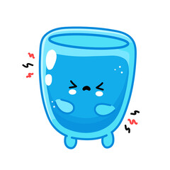 Cute funny sad water glass character. Vector flat line cartoon kawaii character illustration icon. Isolated on white background. Water glass character concept