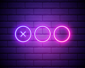 cross mark in neon style. cross check marks. Retro signs with glowing neon tubes. Vector. Brick wall