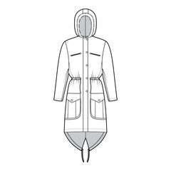 Parka coat technical fashion illustration with faux fur hood, long sleeves, fitted body, knee length, flap pockets. Flat jacket template front, white color style. Women, men, unisex top CAD mockup © Vectoressa