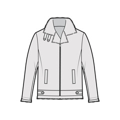 Zip-up Bomber leather jacket technical fashion illustration with fur shearing, oversized, thick collar, long sleeves, welt pockets. Flat coat front, grey color style. Women men unisex top CAD mockup © Vectoressa