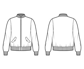 Zip-up Bomber ma-1 flight jacket technical fashion illustration with Rib baseball collar, cuffs, waistband , oversized, long sleeves. Flat coat template front, back white color. Women men CAD mockup