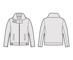 Zip-up Bomber leather jacket technical fashion illustration with tabs, oversized, thick collar, long sleeves, welt pockets. Flat coat template front, back grey color style. Women men unisex CAD mockup © Vectoressa