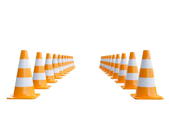 plastic orange traffic cone lined up isolated on white background