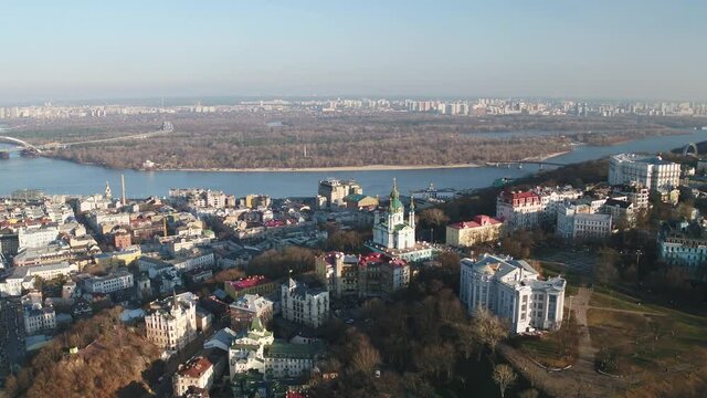 Aerial view of cityscape of Kiev, Andrew&rsquo;s Descent, St. Andrew&rsquo;s Church, St.Michael&rsquo;s Golden-Domed Cathedral, Cabinet of Ministers of Ukraine, Ministry of Foreign Affairs of Ukraine, Dniepr River. Lan