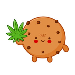 Cute funny chocolate cookie with marijuana weed leaf character. Vector flat line cartoon kawaii character illustration icon. Isolated on white background. Weed edible cookie character bundle concept