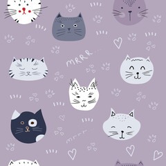 Seamless pattern with cute colorful cats. Vector Illustration
