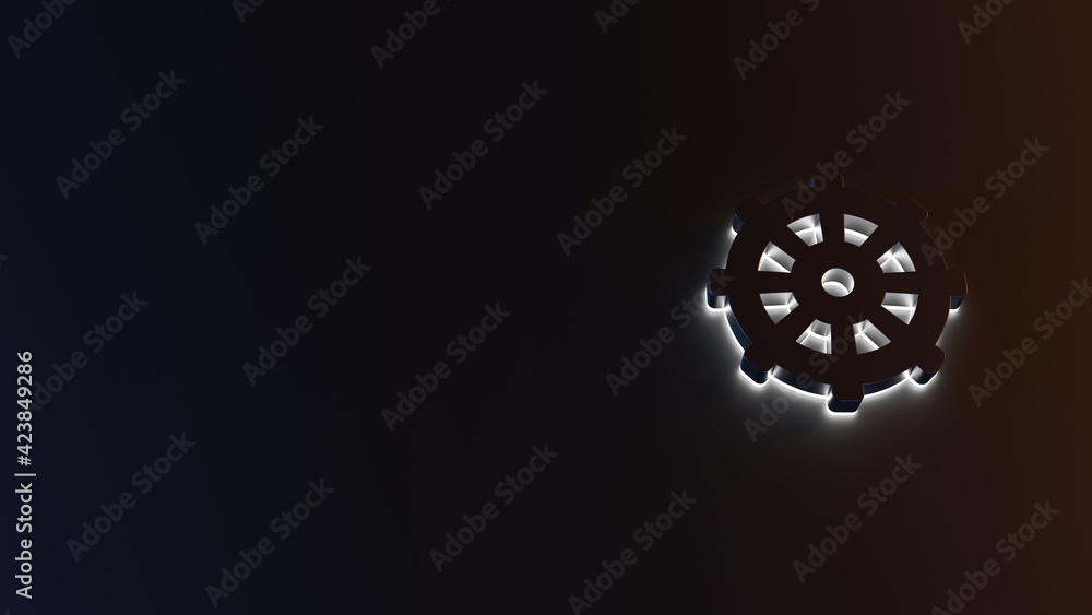 Poster 3d rendering of white light stripe symbol of dharmachakra on dark background