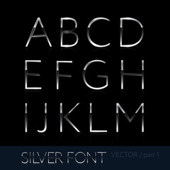 Silver font style. Metallic alphabet. Part 1. Shinning latin letter isolated on dark background, English abc with glowing effect. Vector editable illustration