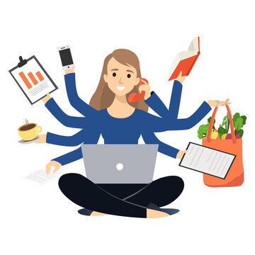 Multitasking. Busy woman with many arms doing many tasks at the same time. Vector flat illustration concept freelancer character work from home office. Time management. Data Analysis. Businesswoman