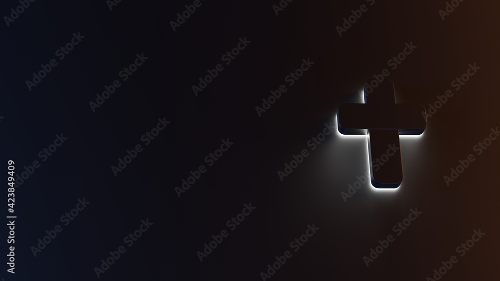 Poster 3d rendering of white light stripe symbol of cross on dark background