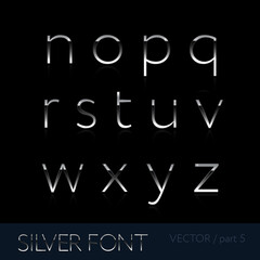 Silver font style. Metallic alphabet. Part 5. Shinning latin letter isolated on dark background, English abc with glowing effect. Vector editable illustration
