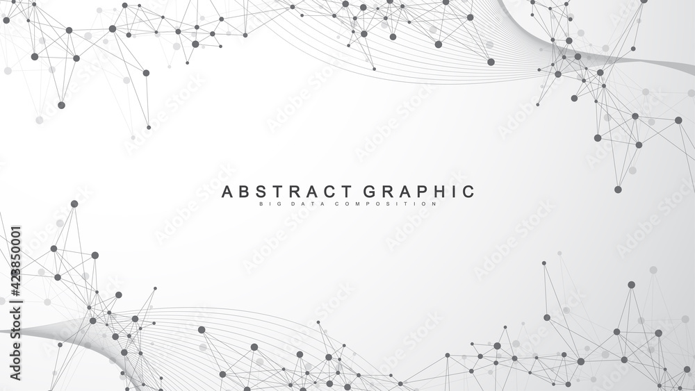 Fototapete Digits abstract background with connected line and dots, wave flow. Digital neural networks. Network and connection background for your presentation. Graphic polygonal background. Vector illustration