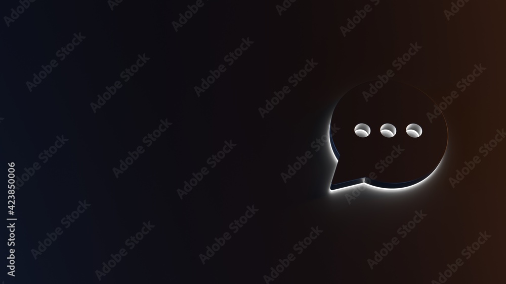 Poster 3d rendering of white light stripe symbol of rounded chat bubble on dark background
