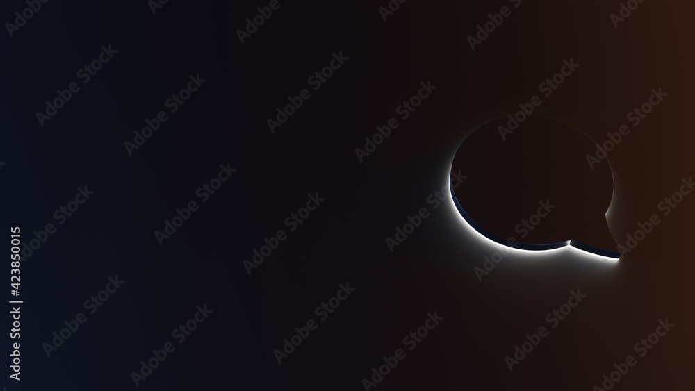Poster 3d rendering of white light stripe symbol of rounded chat bubble on dark background