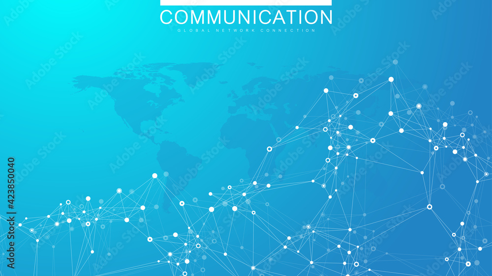 Poster Global network connection. Social network communication in the global business. World map point and line composition concept. Vector illustration.