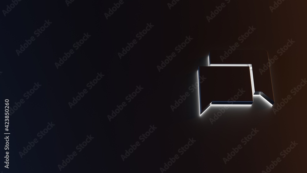 Poster 3d rendering of white light stripe symbol of rectangular chat bubbles on dark background