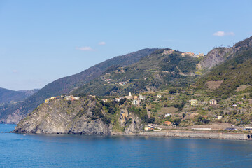 Fototapeta premium CORNIGLIA, LIGURIA/ITALY - APRIL 20 : View of the coastline at Corniglia Liguria Italy on April 20, 2019.