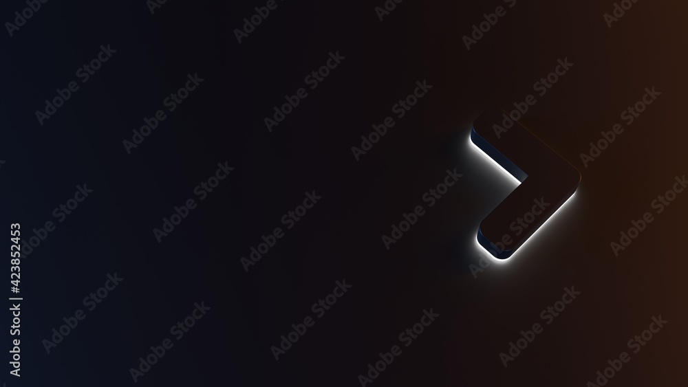 Poster 3d rendering of white light stripe symbol of angle right on dark background