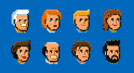 People, male and female faces avatars. Pixel art style vector icons set vector illustration