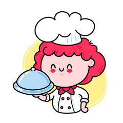 Cute funny chef cook girl character serving a dish. Vector hand drawn cartoon kawaii character illustration icon. Isolated on white background. Cute kawaii woman lady cook character logo concept