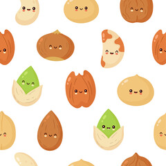 Cute happy nuts seamless pattern. Vector flat cartoon character illustration icon design. Isolated on white background. Peanut,hazelnut,walnut,Brazil nut, pistachio, cashew, pecan, almond characters
